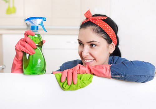 Domestic cleaner tidying a Sutton house bathroom